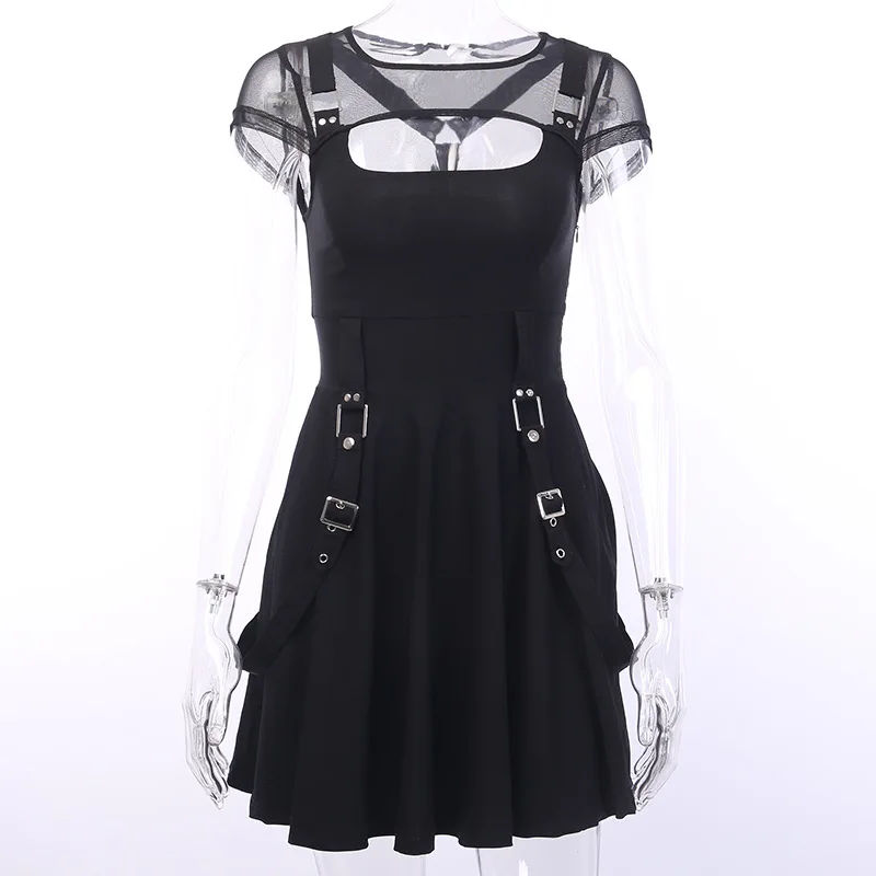 Женское черное готическое платье Harajuku, готическое, для девушек, сексуальное, полое, мини-платье, темно-гранж, уличная одежда, женская одежда, Прямая поставка
