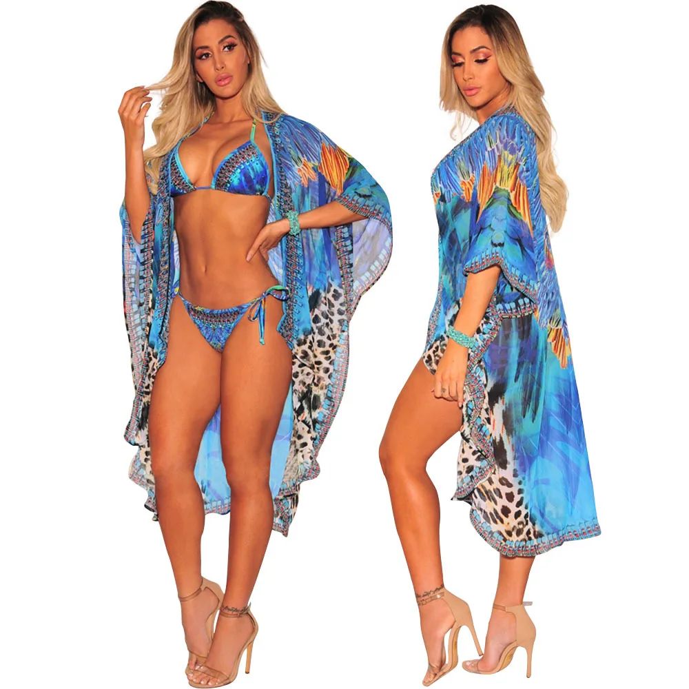 

Women Blue Summer Sexy Bandage Swim Flower Print Cover Up 3 Piece Sets Beach Biquini Beachwear Bathing Suit