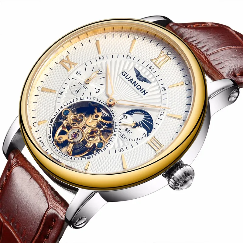Модные Tourbillon механические часы для мужчин GUANQIN Роскошные автоматические кожаный