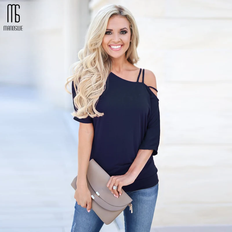

Manoswe 2019 New Summer Women T-shirt Women Middle Sleeve O-Neck Sexy Off Shoulder Tops Fashionable Casual T-Shirt Minimalist