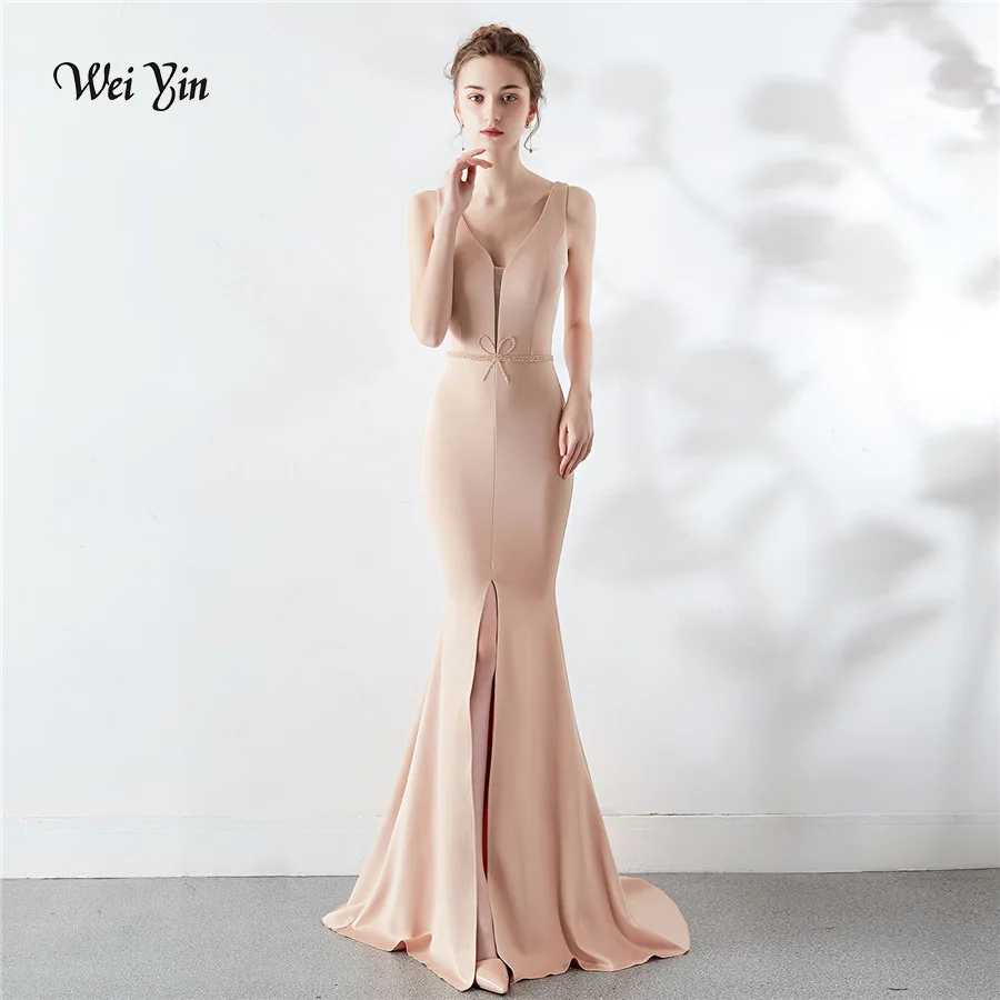 

wei yin Robe De Soiree 2019 New Long Blue White Formal Evening Dress Crystal Elegant Mermaid V Neck Backless Party Gowns WY1657