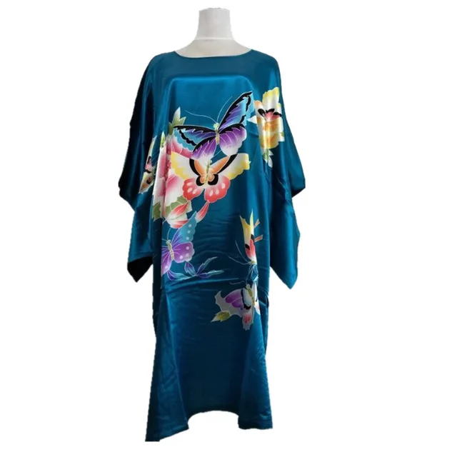 New Arrival Lake Blue Chinese Women Silk Rayon Robe Dress Sexy Summer Printed Floral Nightwear Kimono Bath Gown Flowers One Size