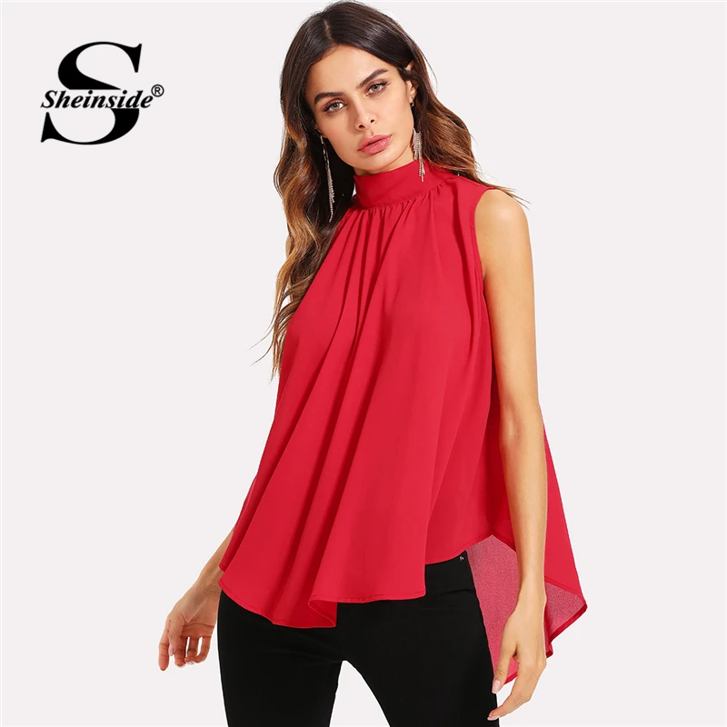 

Sheinside Mock Neck Pleated Front High Low Top 2018 Summer Stand Collar Sleeveless Chiffon Blouse Women Red Asymmetrical Top