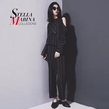 New 2016 European Woman Autumn Black Striped Jumpsuit Long Sleeve Open Shoulders O-Neck Zipper Button Pants Overall Style U1007