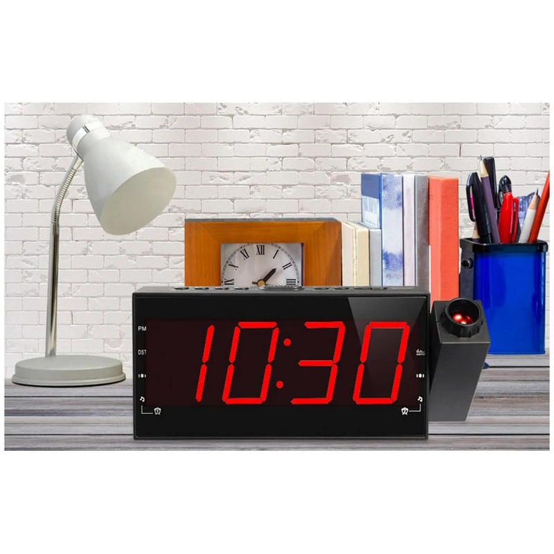

Projection Digital Radio Alarm Clock Snooze Timer Temperature LED Display USB Charge Cable 180 Degree Table Wall FM Radio Clock