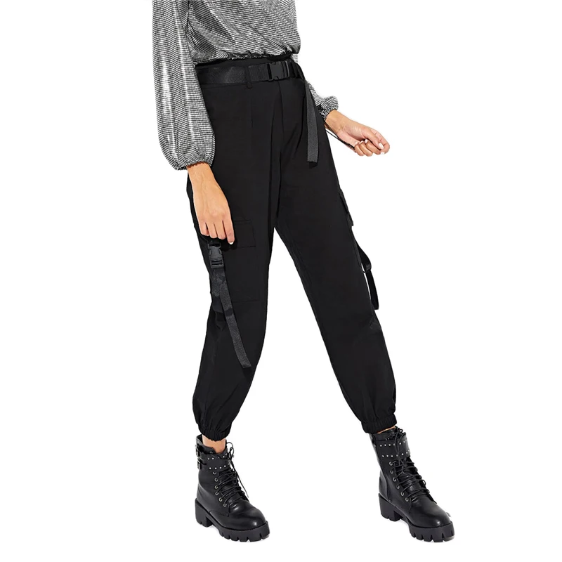 ROMWE Woman Black Crop Cargo Utility Pants With Slashes Fashion Belt High Waist Pockets Detail Pants Spring Casual Trousers