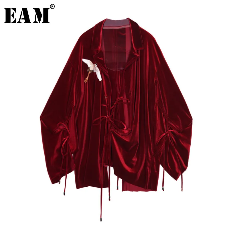 

[EAM] 2019 Spring Summer Loose Turn-down Collar Full Sleeve Vintage Crane Embroidery Drawstring Shirt Women Fashion Tide OB469