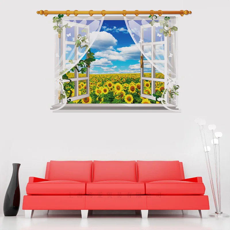

Window scenery Sunflower landscape 3D wall stickers For Living room Bedroom Kids room Sofa background Home Decoration Poster