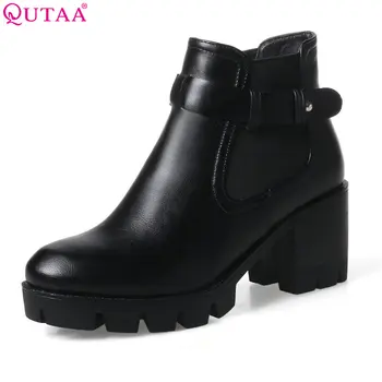 

QUTAA 2018 Women Ankle Boots Western Style Square High Heel Round Toe Women PU leather Buckle Ladies Motorcycle Boots Size 34-43