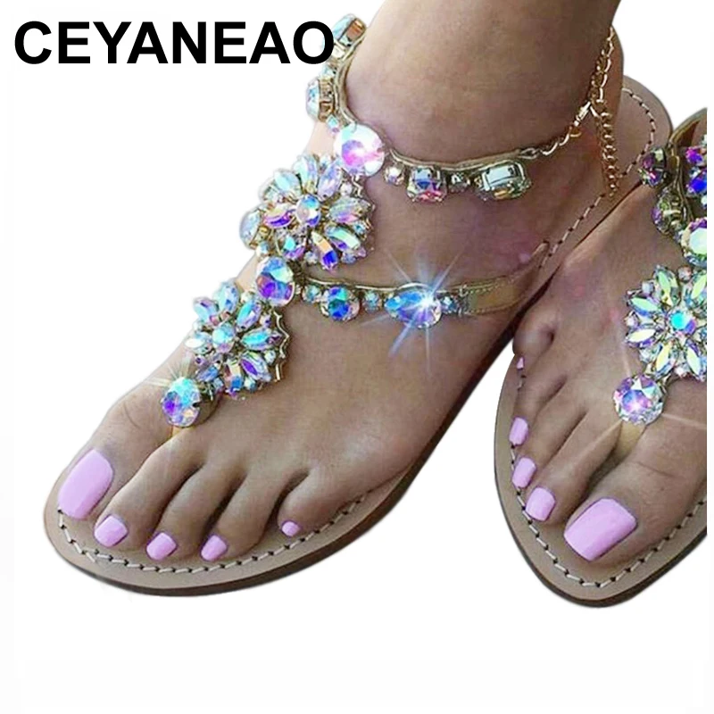 

CEYANEAO 2018 Woman Sandals Women Shoes Rhinestones Crystal Chains Thong Gladiator Flat Sandals Chaussure Plus Size