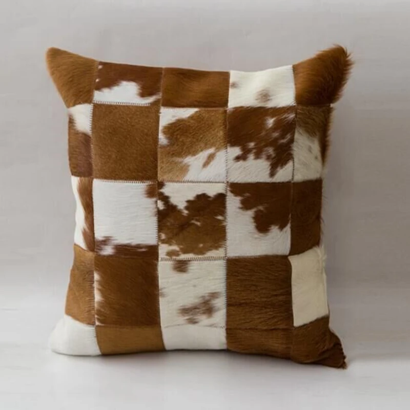 

American Style Natural Patchwork Collection Cowhide Fur Cushion 45x45 cm Brown Black White Set of 2, without filler