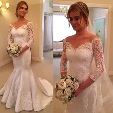 2018 Sweep Train Vestido De Novia Lace White Backless Mermaid Sweetheart Floor Length Three Quarter Wedding Dresses Bridal Gown