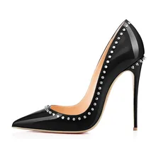 Sexy Woman Heel New Stilettos High Heels Spring Autumn Patent Leather Pointed Toe Women Rivet Ladies Pumps Shoes Big Size D031A