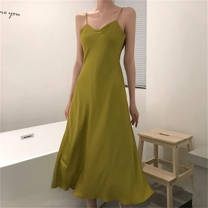 

Summer Sundress 2019 New Elegant Long Slip Dress Sleeveless V Neck A Line Satin Dress Sexy Women Loose Casual Sling Vestidos