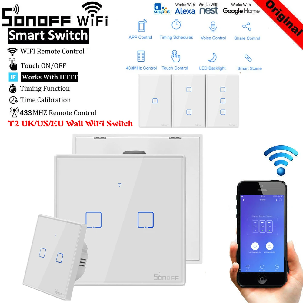 SONOFF T2 US EU UK TX Basic Smart Wifi Touch Wall Light Switch With Border Smart Home 433 RF/Voice/APP Control Works With Alexa