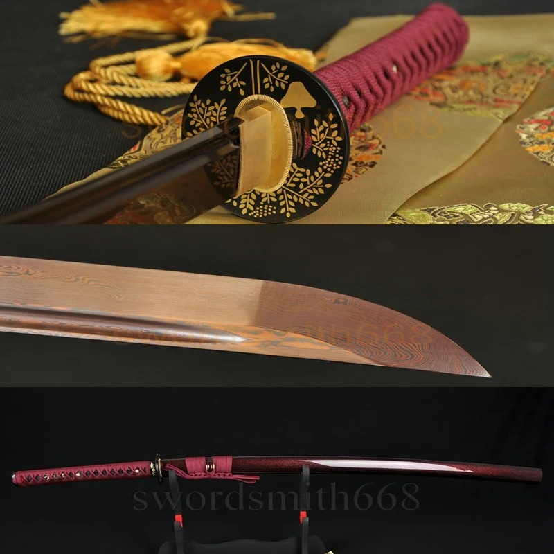 

FULL TANG Damascus Black&Red Japanese Samurai KATANA SWORD Oil Quenched BLADE TRADITIONAL HAND FORGE- IRON TSUBA HARD WOOD SAYA