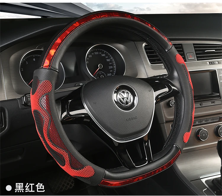 KKYSYELVA D Shape Leather Car Steering Wheel Cover Four Seasons Steering Wheel Hubs ForInterior Accessories