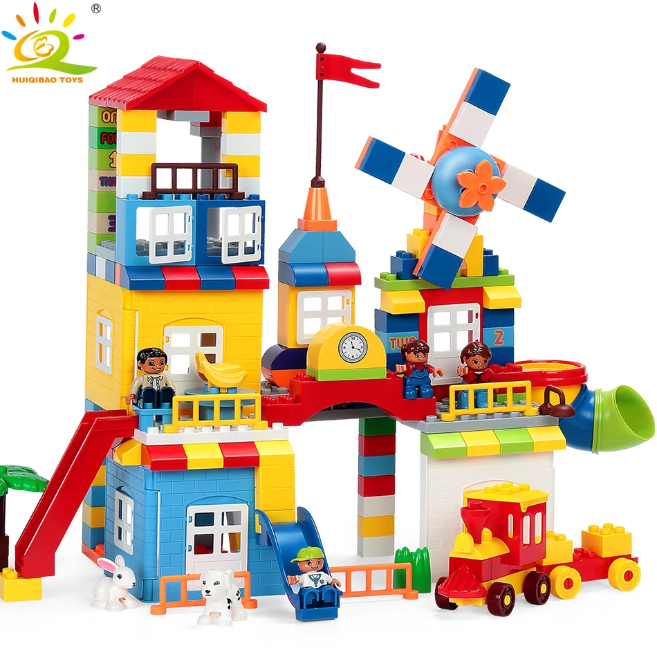 

111/216pcs DIY Windmill Park Big Size Building Blocks Compatible Duploed Train House City DIY Bricks Toy For Children
