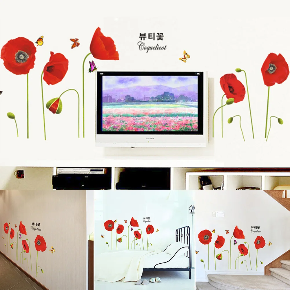 Красный Мак цветы бабочки наклейки на стену Искусство Наклейка фон водостойкие обои-фреска домашний декор для гостиной DIY