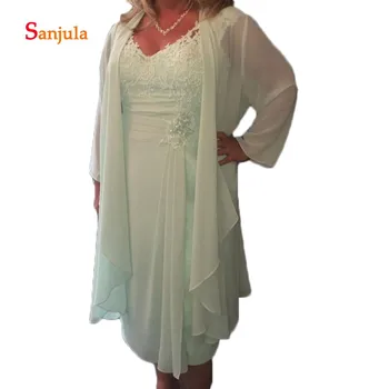 

Mint Green Chiffon Mother of the Bride Dress with Jacket Sweetheart Two Piece Groom Mother Dress Knee Length Appliqies D1051