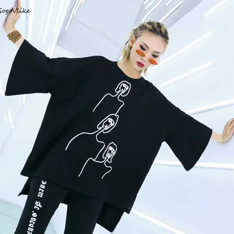 

Embroidery Top Tees Creative Portrait 2019 Summer Women Cotton Tops T shirt Pullovers Cotton shirts Hip Hop Tshirts LT607S40