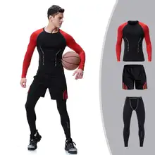 3 Pieces Men GYM Compress Fitness Sets Long Tee Top + Legging + Shorts Workout Exercise Sport Shirts Running Tights A110