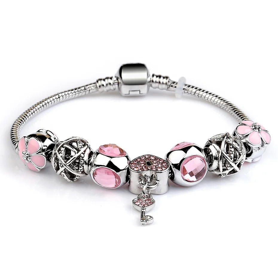 

silver plated Snake Chain Heart Key Crystal CZ European Style Charm Bracelet for Women Femme Pink DIY Friendship Bracelets MOM