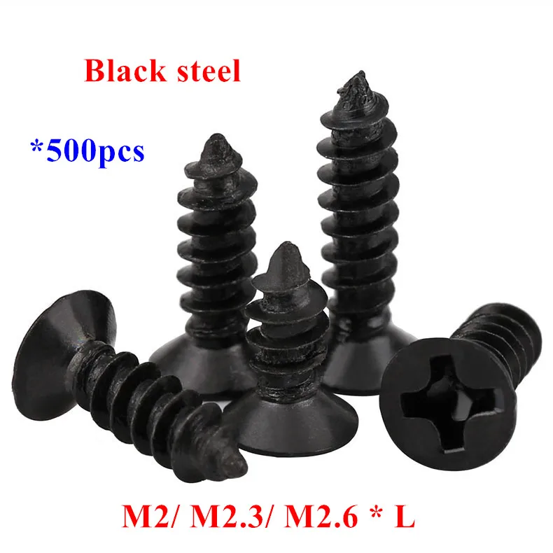 

500pcs KA M2 M2.3 M2.6*4/5/6/8/10/12mm Flat Head Self Tapping Screws Black steel Laptop wood tapping screw