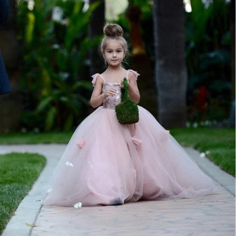 

Blush Pink Flower Girls Dresses Appliques Straps Gown Ruffles Tulle Pageant Dresses for Girls Long Girl Dresses