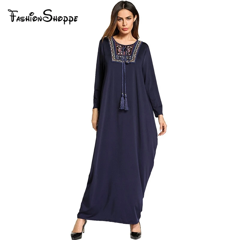 Casual Embroidery long dress for women vintage ethnic pattern tassel ...