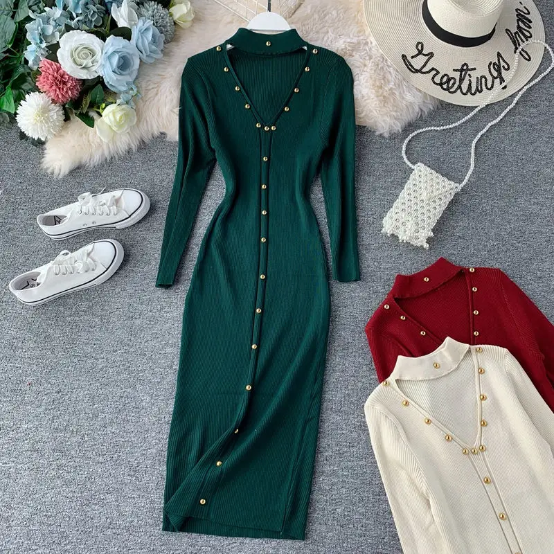 

LUOSHA Women 2019 Autumn Winter Sexy Hollow Out Chest With Rivet Knitted Dress Women Female Stylish Club Party Dress Vestidos