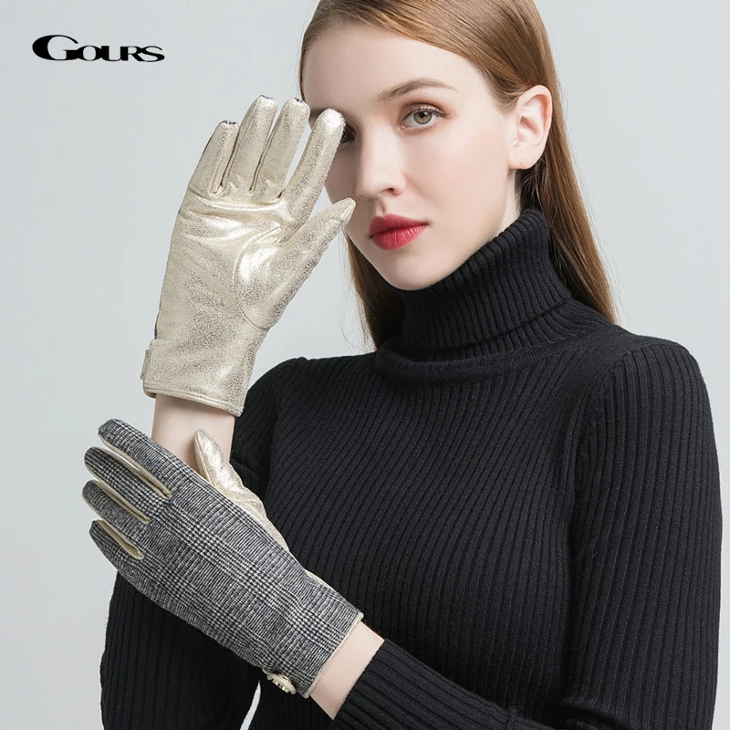 

GOURS Genuine Leather Winter Gloves Women Fashion Black Luxurious Gold Touch Screen Hand Driving Gloves 2019 New Mittens GSL066