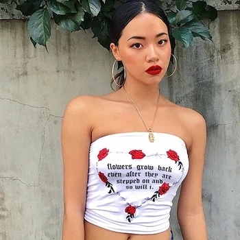 

2019 Summer Women Sexy Strapless tank Top Flower Printed Bandeau Summer Letters Streetwear Off Shoulder Crop Top
