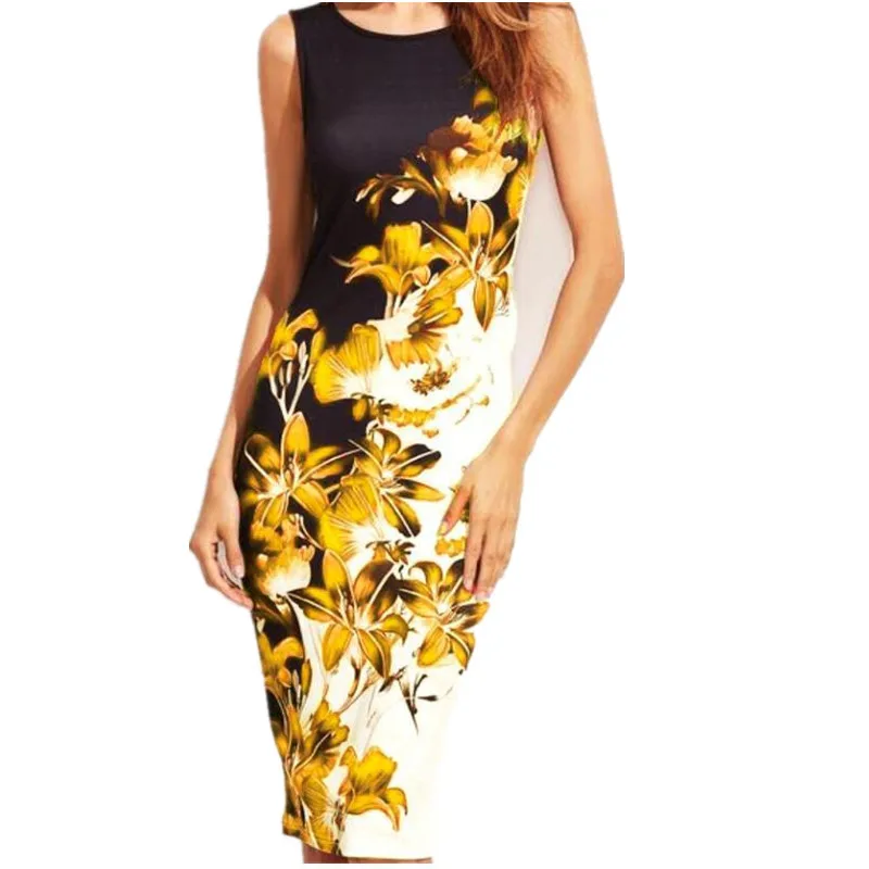 5XL Large Sizes 2019 Summer Fashion Sleeveless Print Dress Slim Bodycon Pencil Midi Office Dress Robe Plus Size Women Clothing E