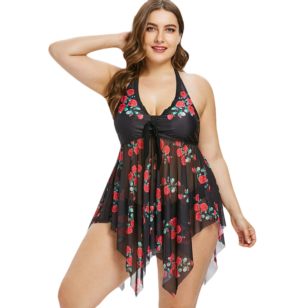 

Wipalo Plus Size Flower Sheer Women Set Summer Padded Backless Mesh Top Low Waist Briefs Two Piece Sets Bathing Suit Beach Wear
