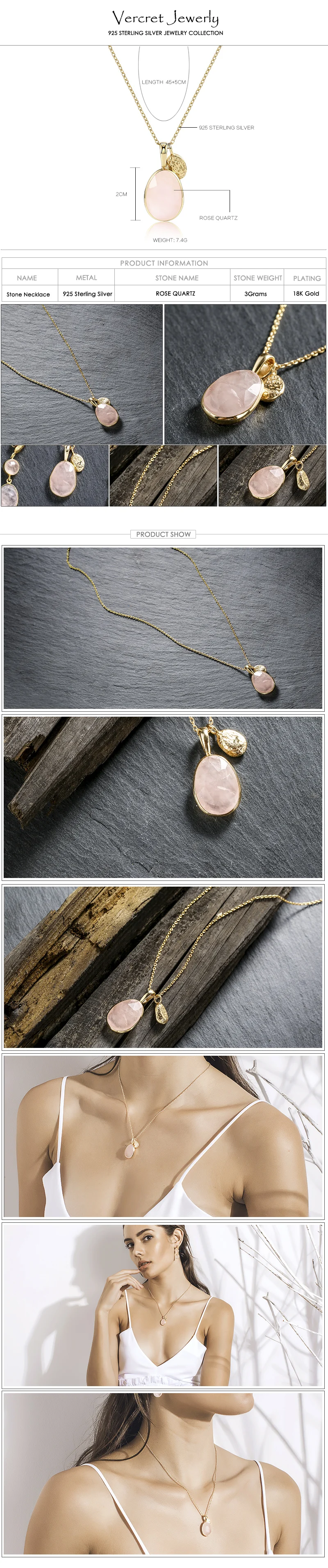Vercret, милое ожерелье из розового кварца, серебро 925 пробы, цепочка, кулон, ожерелье, Женские Ювелирные изделия, подарок