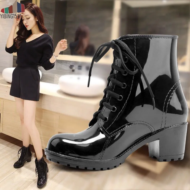 

Women's Ankle Rain Boots Autumn Oxford Plain Shoes Woman Dress Zipper Shoe Formal OL High Heels Lady Black Footwear