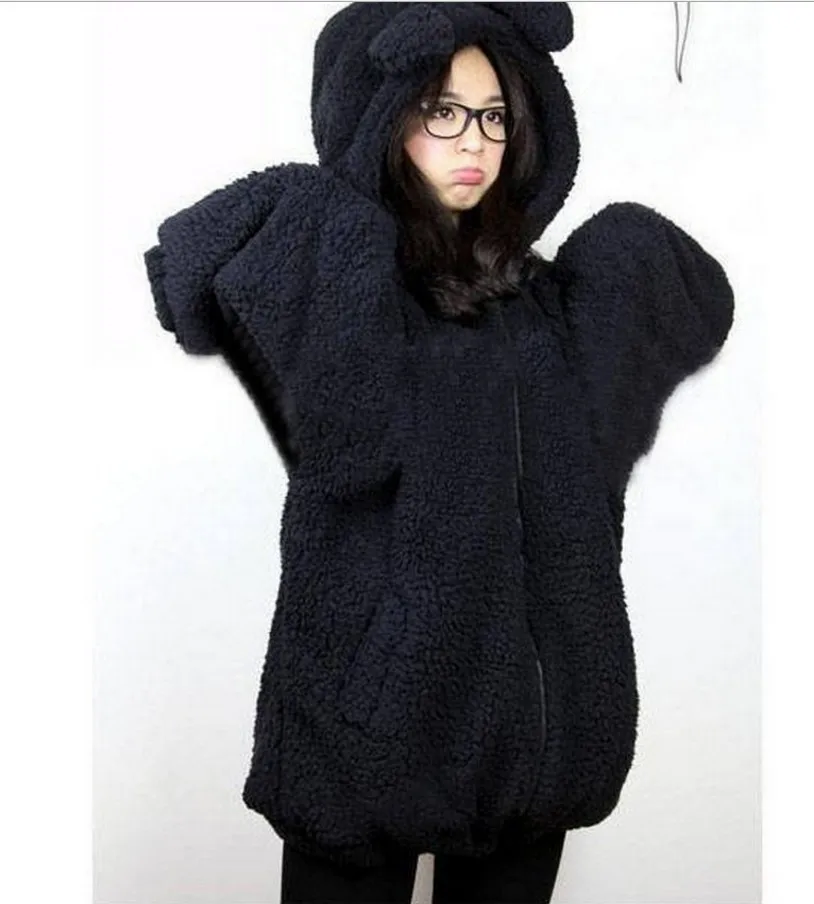 

20105 Winter New Fashion Women's Ladies Bear Bunny With Ears And Tail Cartoon Plush Jacket Hooded Sweatshirt