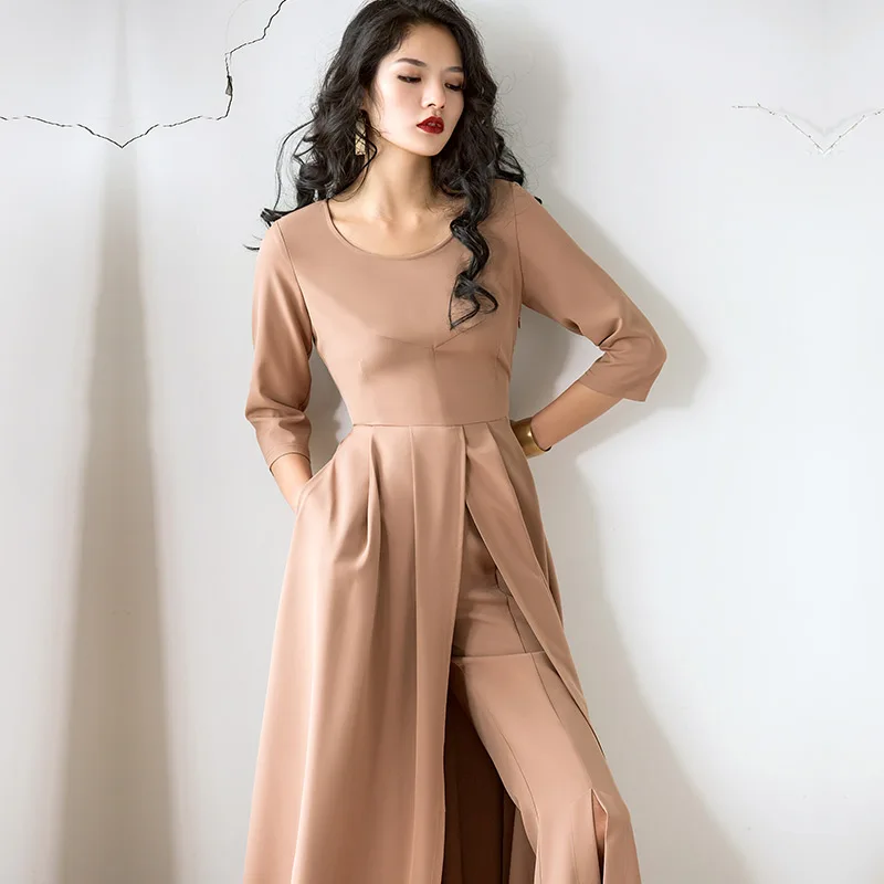 

New Brand Designer Clothing Suit Autumn Spring Style Women O-Neck 3/4 Sleeve Split Long Dress+Flare Leg Long Pant Trousers Set