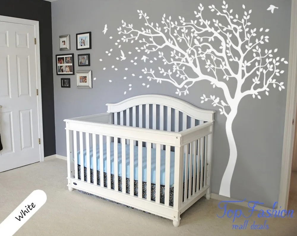 Huge White Tree Wall  Decal  Nursery  Tree and Birds Wall  Art  