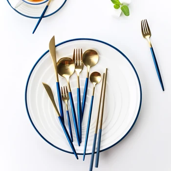 

2pcs Portugal Blue Cutlery Set 18/8 Stainless Steel Dinner Knives Forks Table Teaspoon Restaurant Dinnerware Sets Kitchen Tools