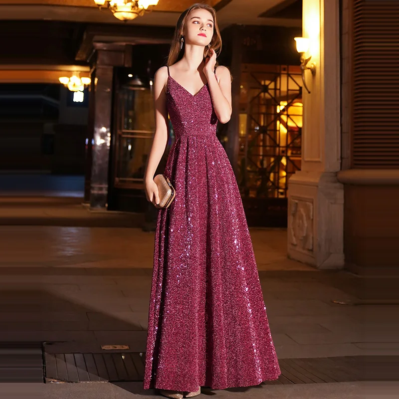 Вечернее платье трапециевидной формы цвета красного вина на тонких бретелях, шикарные вечерние платья для выпускного вечера, сексуальные длинные вечерние платья в пол с v-образным вырезом на молнии E088