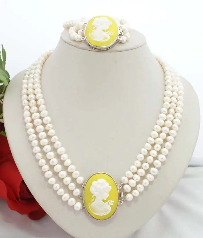 

shipping New style Natural noble jewelry>>>>Women Jewerly Set 6-7mm Freshwater Pearl Yellow Beauty Clasp Bracelet Necklace