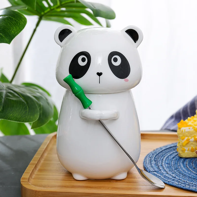 Мультяшная панда, керамическая кофейная кружка, офисные креативные чашки и кружки с ложкой, Студенческая чашка для завтрака, молока, сока, подарок для детей
