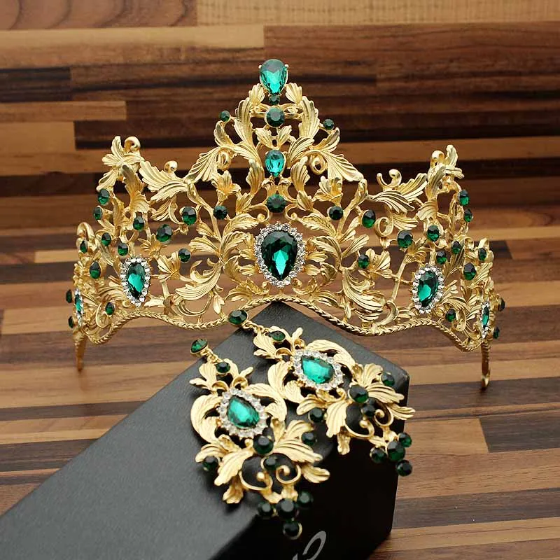 Винтажная свадебная диадема в стиле барокко с бриллиантами, большая свадебная тиара, Красный Зеленый Кристалл, короны короля и королевы для выпускного вечера - Окраска металла: green with earrings