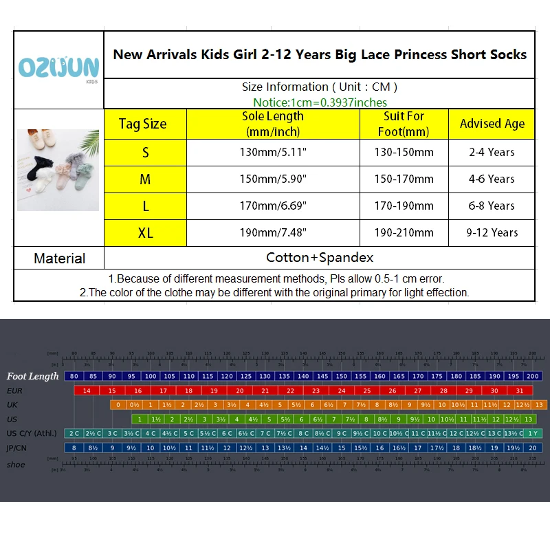 Новые поступления, Детские От 2 до 12 лет для девочек короткие носки принцессы с большим кружевом хлопковые носки детские кружевные носки, Размеры S/M/L/XL