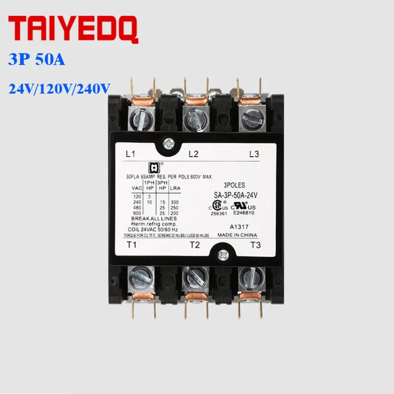 

SA-3P-50A Definite Purpose Contactor 3Poles 50FLA Coil Voltage 24V 120V 240V DP Contactor, 3 Phase Air Conditioner Contactors
