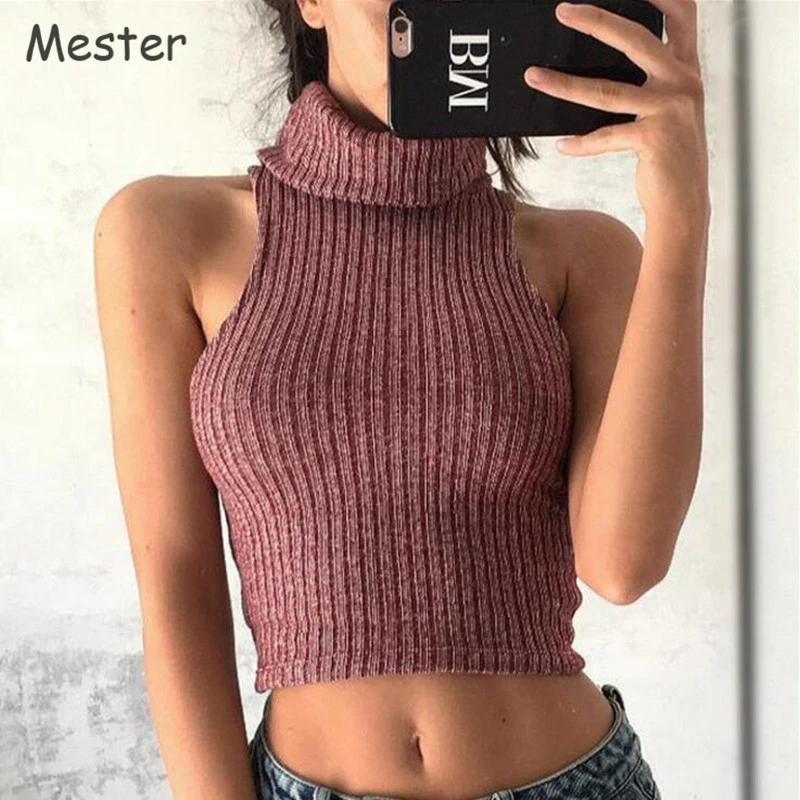 女性夏薄いノースリーブタートルネックセーターセクシーなホルターハイネックニットタンクトップオフショルダービスチェクロップトップ腹部ベアリング Crop Top Midriff Bustier Cropbustier Crop Top Aliexpress