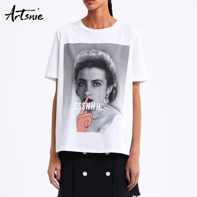 Artsnie شخصية إلكتروني طباعة الأبيض النساء t قميص الصيف 2019 س الرقبة قصيرة الأكمام محبوك قمم كوع تي أنثى الشارع الشهير تي شيرت