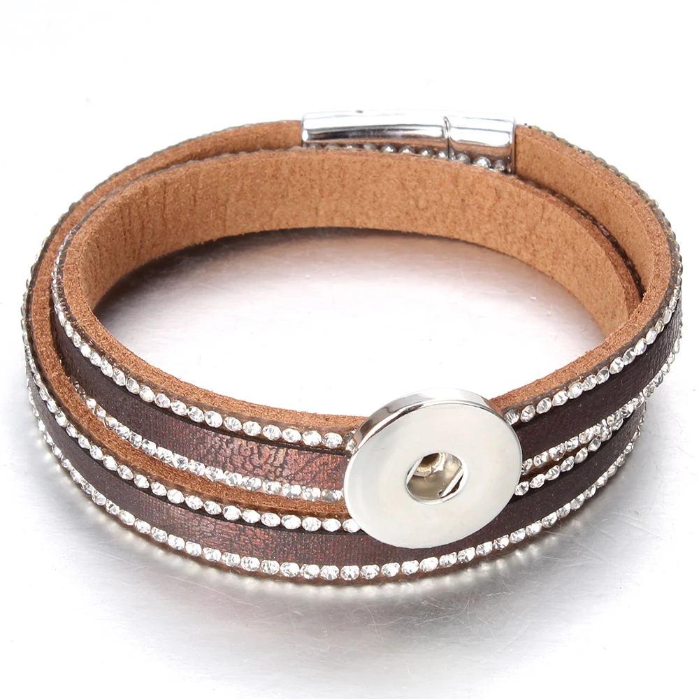 

2019 Snap Leather Bracelets For Women Rhinestone 18MM Button Bracelets & Bangles Multilayer Double Wrap Bracelet Female Jewelry